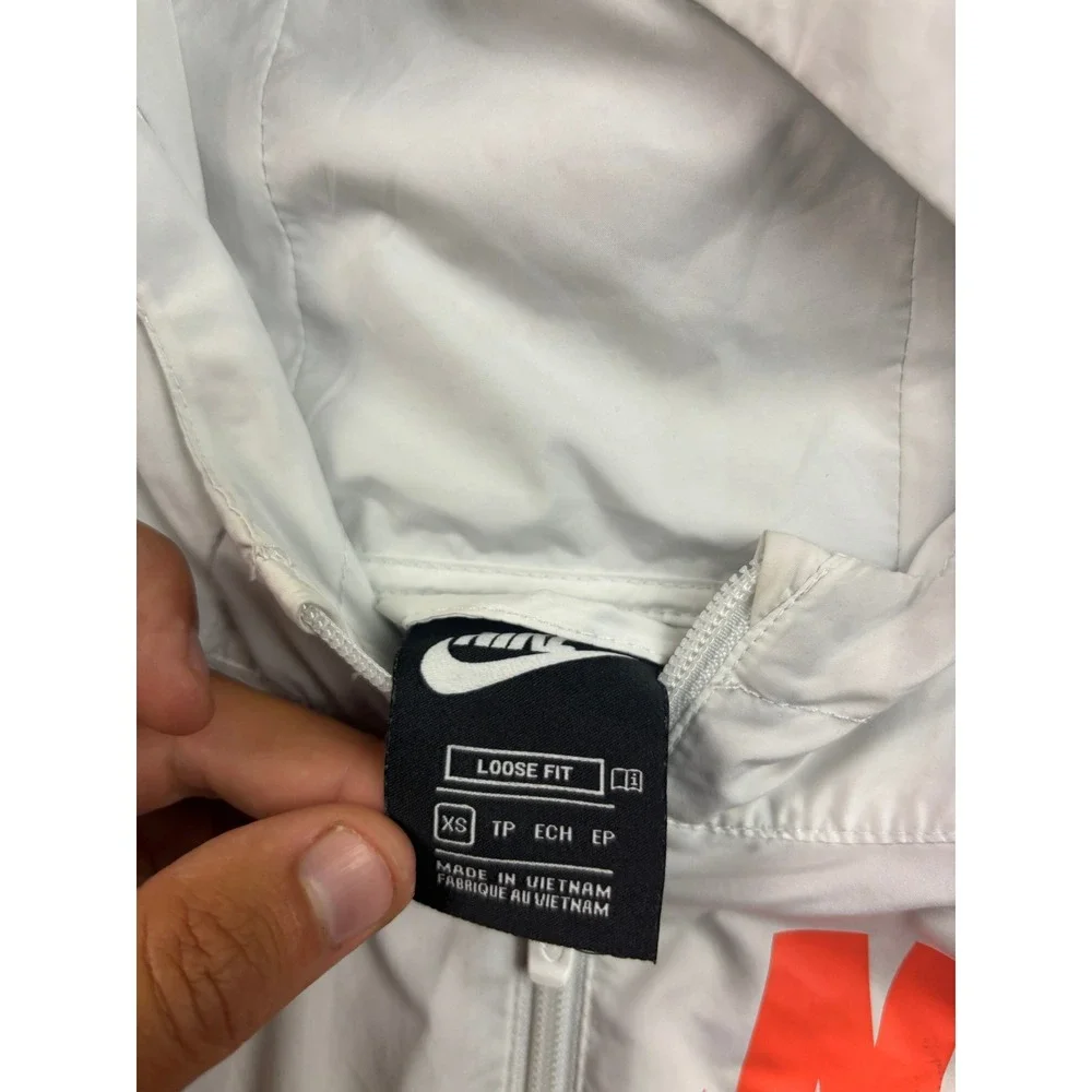 Nike Windbreaker Jacket Kids XS White Black Orange Packable Hooded Zip Up